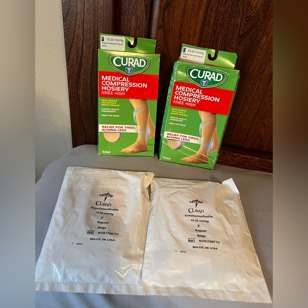 Curad Med Compression Hosiery Beige Knee High, 2 Pairs, new in pkgs., 15-20 mmHg